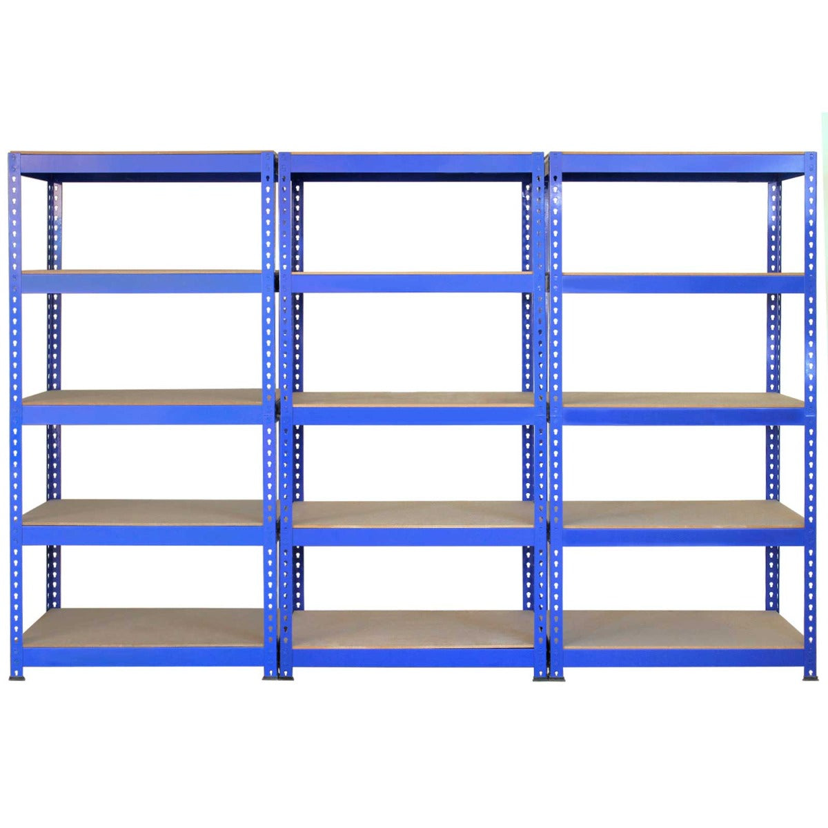 3 x Unidades de estantería metálicas Q-Rax en color azul de 90 cm, banco de trabajo y mazo de goma.